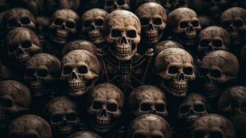 un grande grupo de calaveras en un oscuro habitación generativo ai foto