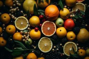 a large group of oranges lemons berries and other fruits generative ai photo