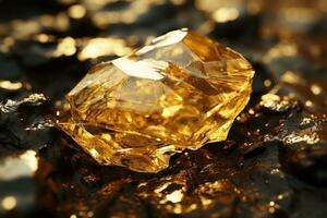 a large yellow diamond sitting on top of some rocks generative ai photo