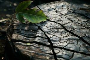 a leaf is sitting on top of a tree stump generative ai photo