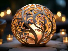 a lighted candle sitting on a table with candles around it generative ai photo