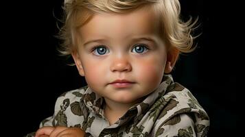 a little boy with blue eyes and a camo shirt generative ai photo