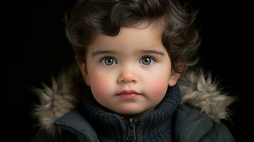 un pequeño chico con azul ojos y un piel chaqueta generativo ai foto