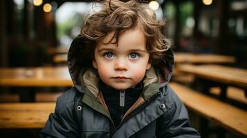 a little boy with blue eyes sitting at a table generative ai photo
