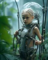 a little girl in a space suit is standing in the middle of a jungle generative ai photo