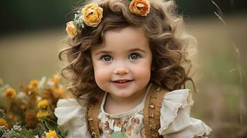 un pequeño niña en un campo con flores en su pelo generativo ai foto