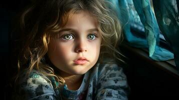 un pequeño niña mirando fuera el ventana generativo ai foto