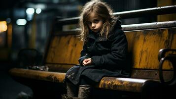 a little girl sitting on a bench at night generative ai photo