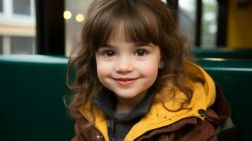 un pequeño niña sentado en un banco sonriente a el cámara generativo ai foto