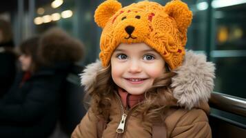 a little girl wearing a bear hat on a train generative ai photo