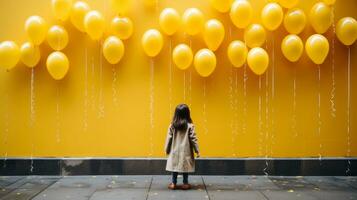 a little girl standing in front of yellow balloons generative ai photo