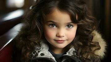 un pequeño niña con Rizado pelo y grande ojos generativo ai foto