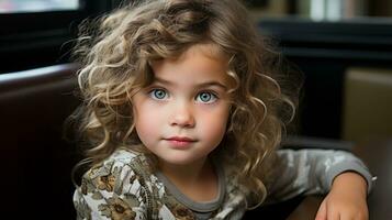 a little girl with curly hair sitting at a table generative ai photo