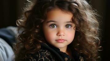 un pequeño niña con Rizado pelo y verde ojos generativo ai foto