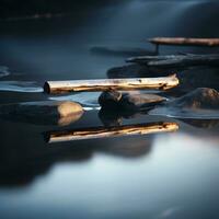 a log floating in the water next to rocks generative ai photo