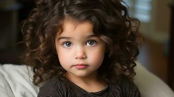 a little girl with curly hair sitting on a bed generative ai photo