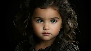 un pequeño niña con oscuro pelo y azul ojos generativo ai foto