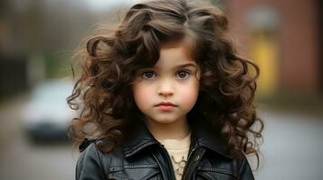 a little girl with curly hair wearing a leather jacket generative ai photo