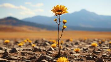 a lone sunflower stands in the middle of a barren field generative ai photo