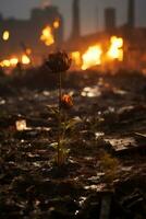 a lone flower stands in the middle of a destroyed city generative ai photo