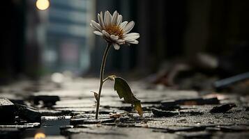 un solitario flor soportes en el medio de un ciudad calle generativo ai foto