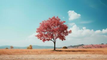 a lone tree in a field with a blue sky generative ai photo