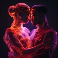 a man and a woman are hugging in front of a black background generative ai photo