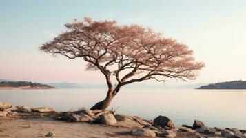 a lone tree on the shore of a body of water generative ai photo