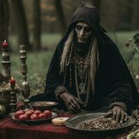 un hombre vestido como un bruja sentado en un mesa con comida generativo ai foto