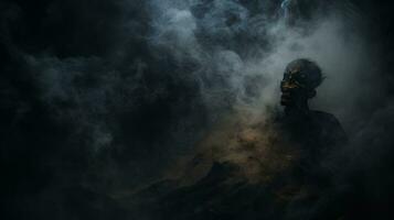 a man in a dark room with smoke coming out of his mouth generative ai photo