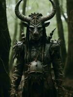 a man dressed in armor and horns standing in the woods generative ai photo