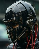 a man in a black helmet with red wires on it generative ai photo