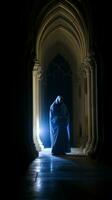 a man in a blue robe is standing in a dark hallway generative ai photo