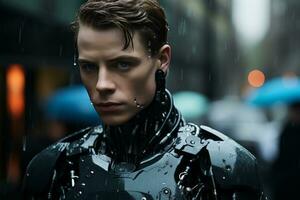 un hombre en un futurista traje en pie en el lluvia generativo ai foto