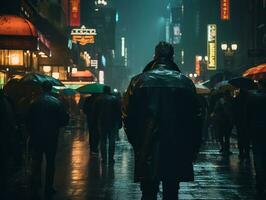 a man in a black trench coat is walking down a city street at night generative ai photo