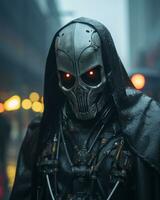 a man in a hooded cloak with glowing red eyes generative ai photo