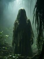 a man in a hooded robe stands in the middle of a forest generative ai photo