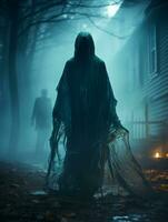 a man in a hooded robe walks through a foggy forest at night generative ai photo