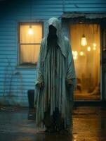 a man in a hooded robe standing in front of a house generative ai photo