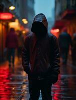 a man in a hooded jacket standing on a wet street at night generative ai photo