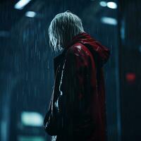 a man in a red jacket standing in the rain generative ai photo
