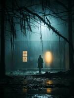 a man is standing in front of a house at night generative ai photo