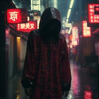 a man in a red raincoat standing in the rain generative ai photo