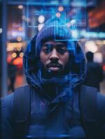 a man in a hoodie and jacket standing in front of a digital screen generative ai photo