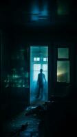 un hombre es en pie en un oscuro habitación a noche generativo ai foto