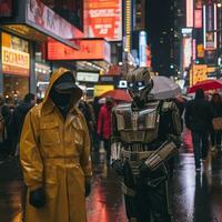 a man in a yellow raincoat standing next to a man in a black raincoat generative ai photo