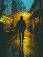 a man in a hoodie walking down a street at night generative ai photo