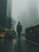 a man is walking across the street in the foggy weather generative ai photo