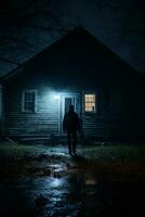 a man is standing in front of a house at night generative ai photo