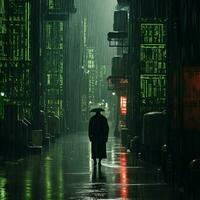 a man is walking down a city street at night generative ai photo